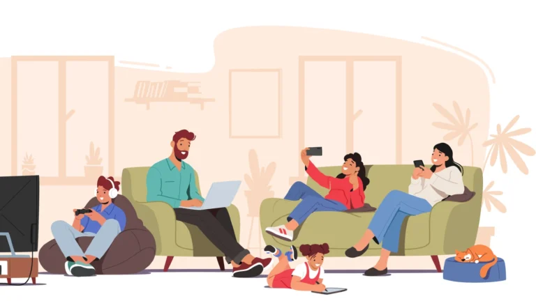 Illustration af familie, der sidder i stuen med mobiltelefoner og computere