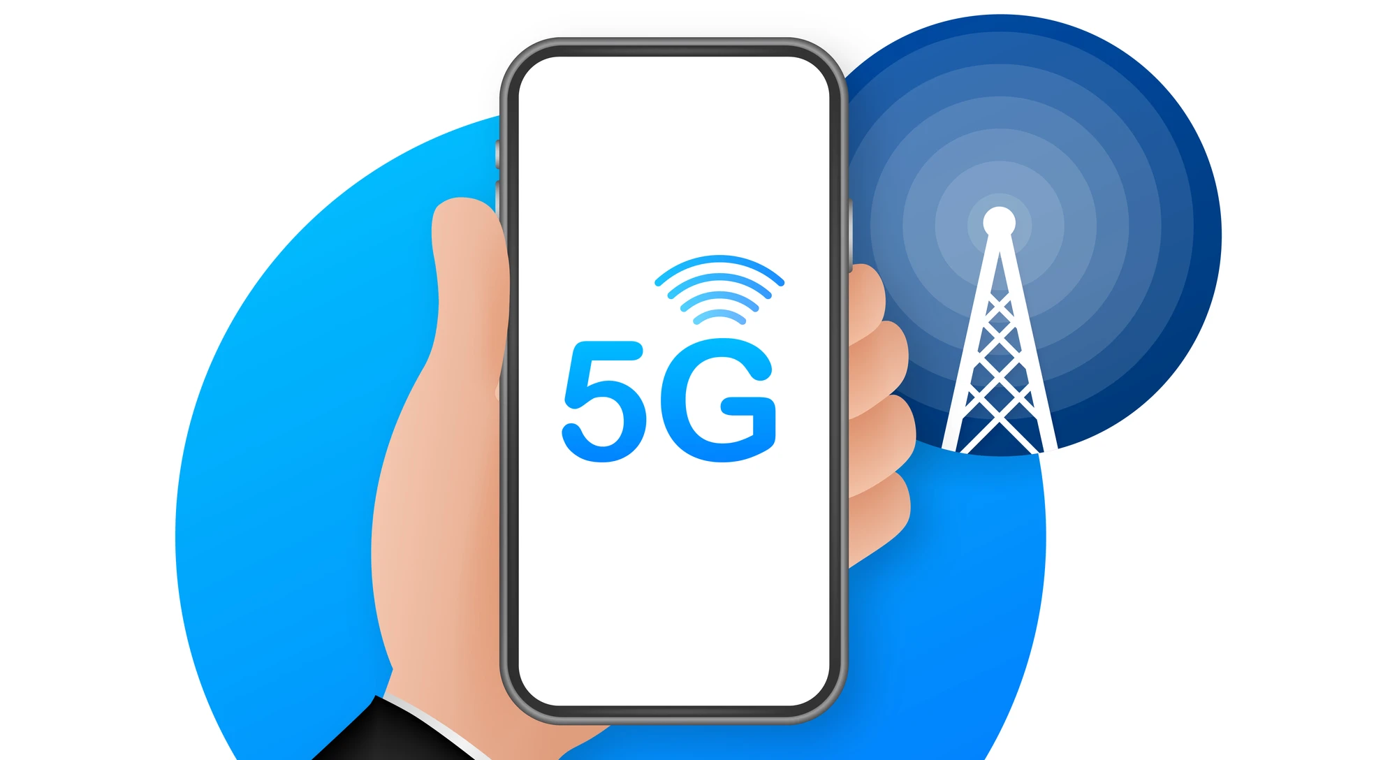 Illustration af hånd der holder mobil med 5G