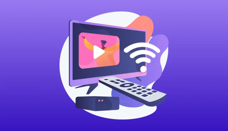 Illustration af fladskærm, fjernbetjening og streamingboks